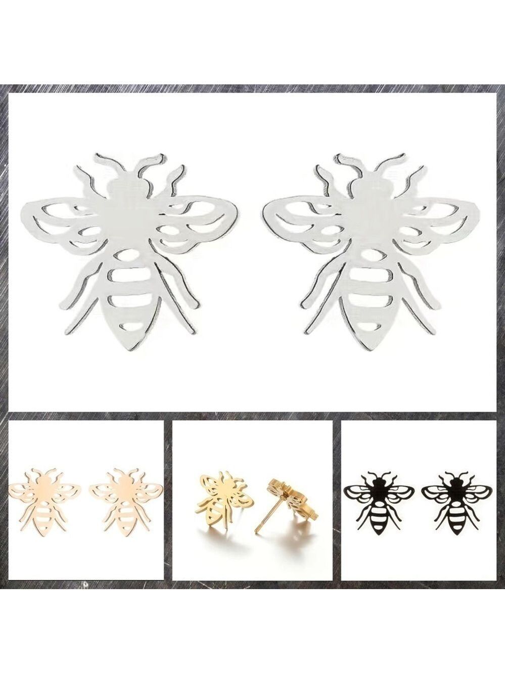 Bumble Bee Stainless Steel Stud Earrings #814 (Color: Silver)